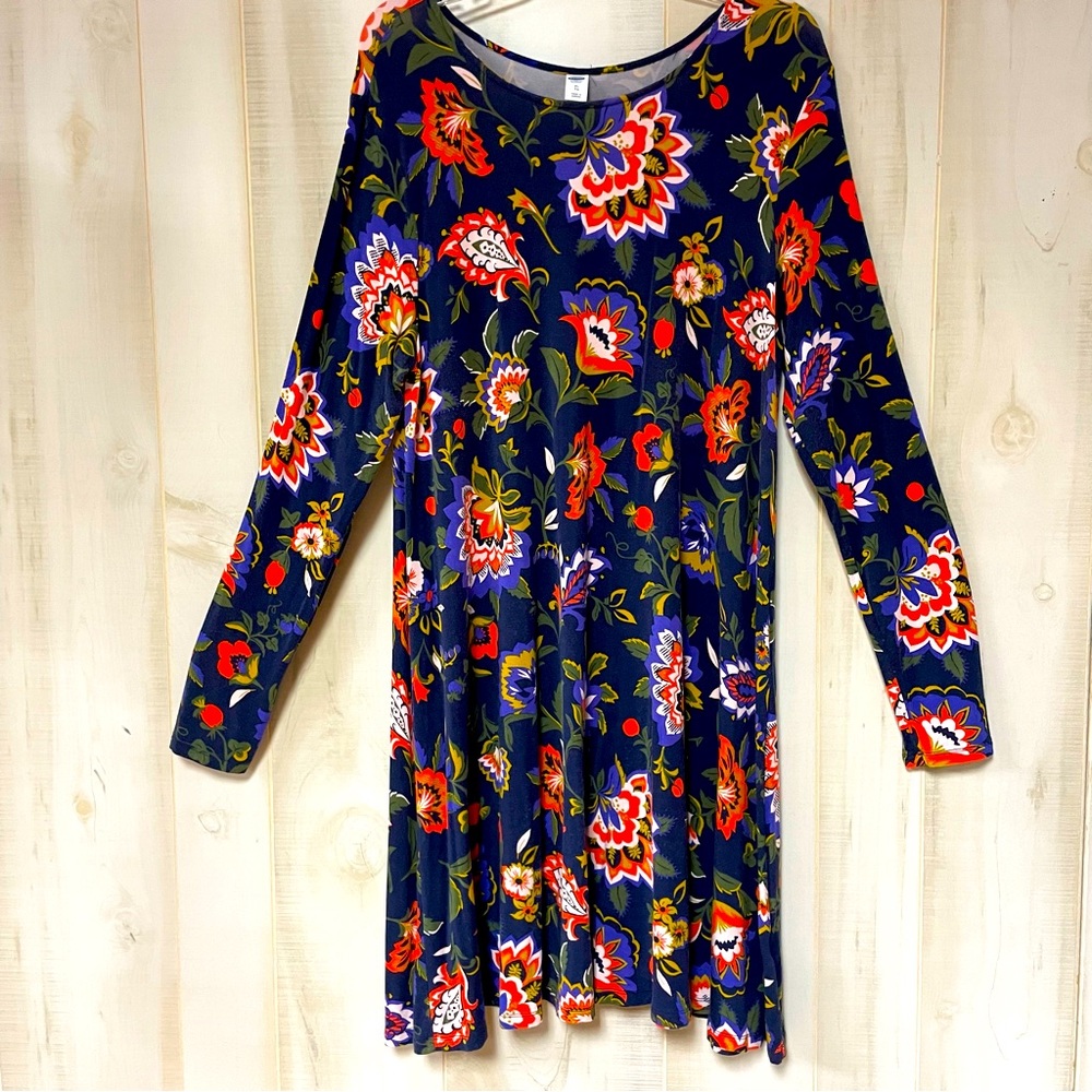 Old Navy Blue Orange Green White Floral Long Sleeve Dress Sz XL - Picture 2 of 7